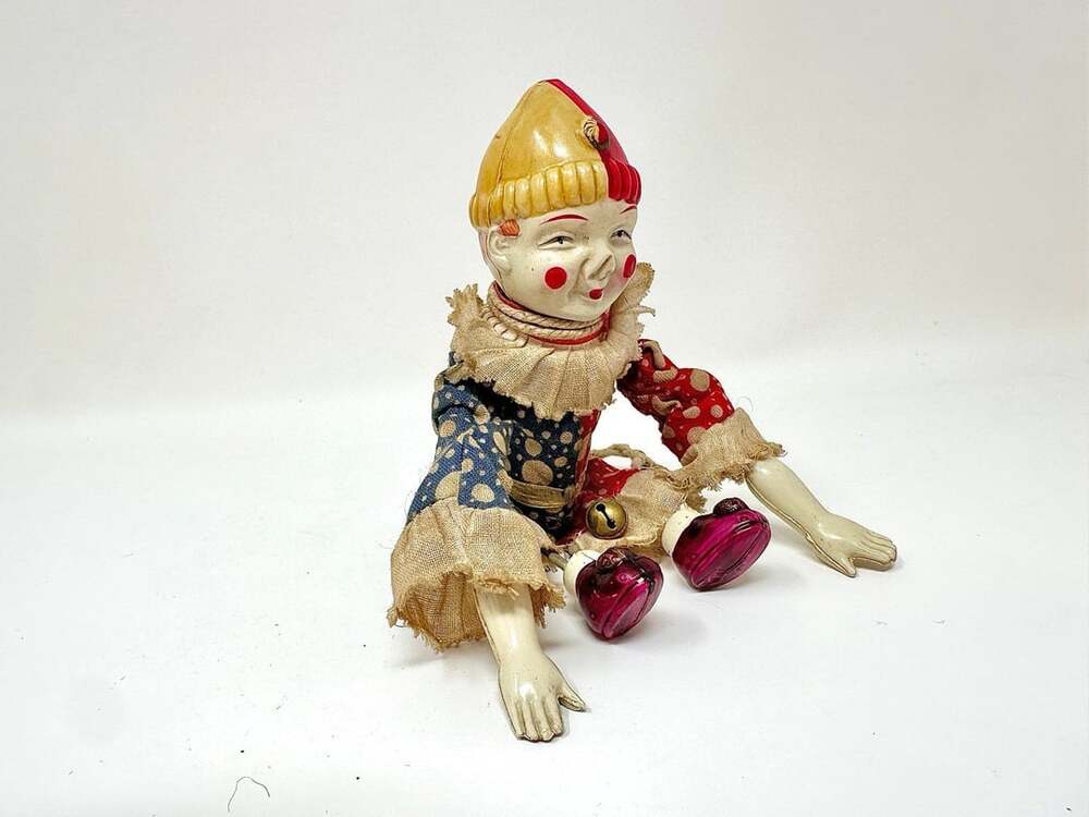 Antique Early Wind Up Tumbling Acrobat Celluloid, Tin & Bisque Mechanical Doll